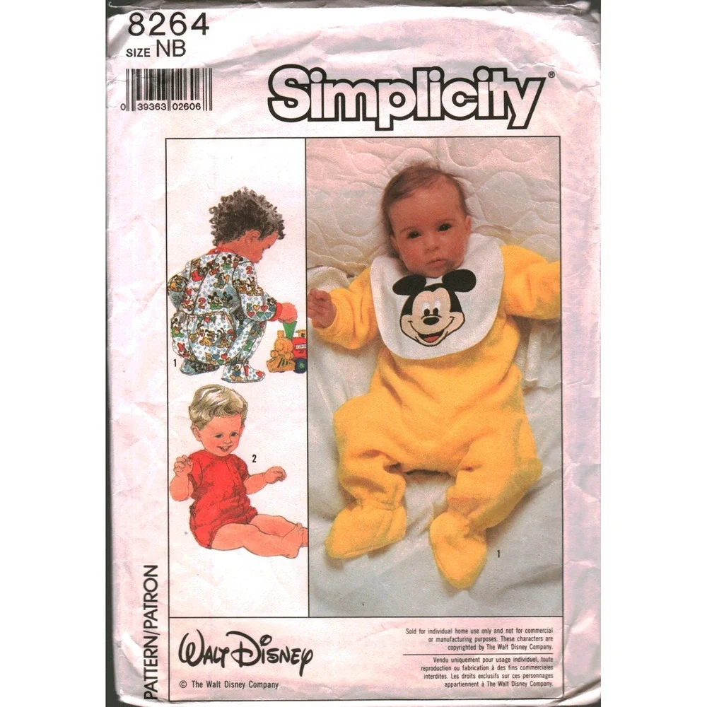 Vintage Simplicity 8264 Baby Sleeper Bib Disney Mickey Mouse Sewing‎ Pattern NB